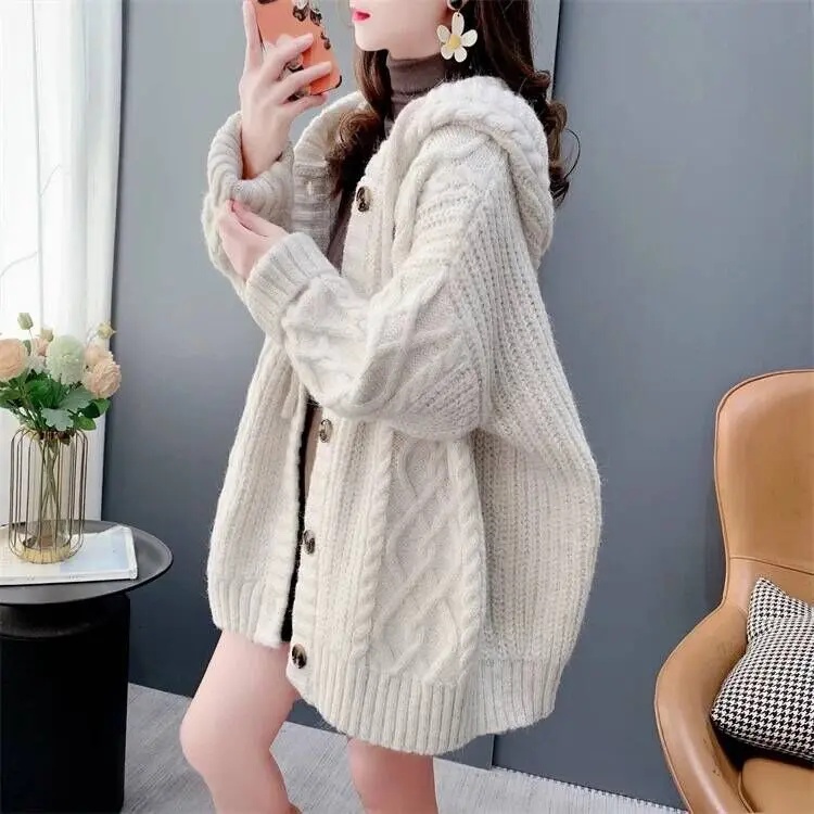 Áo Len Có Mũ Trùm Đầu Cổ Điển Phong Cách Thường Ngày Áo Cardigan, Dành Cho Nữ, Mùa Thu Và Mùa Đông, Dáng Rộng Vừa Vặn, Dài Trung Bình Áo Khoác Dệt Kim, Hàng Mới Về Năm 2024 0