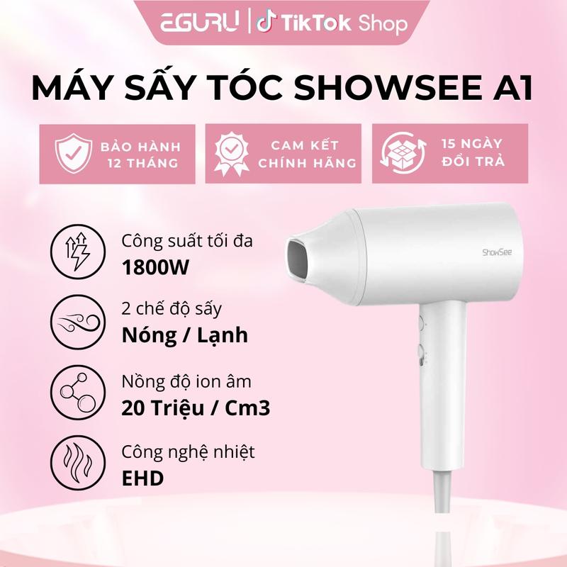 [DEAL SỐC] Máy Sấy Tóc Ion Âm Showsee A1-W Công Suất 1800W Chống Xù Rối, Khô Tóc Thiết Kế Nhỏ Gọn - Bảo Hành 12 Tháng Women Nữ, 2 chế độ sấy nóng lạnh, công nghệ nhiệt EHD