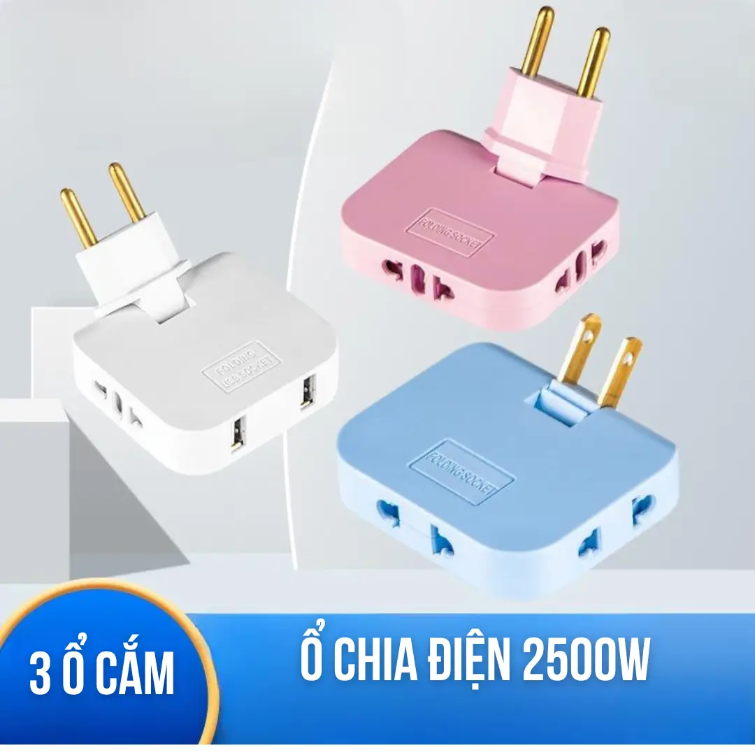 Ổ cắm chia điện 2500W nhỏ gọn tiện lợi xoay 180 độ chia 3 chân tròn dẹt với màu đen trắng xanh hồng Hotech OCH