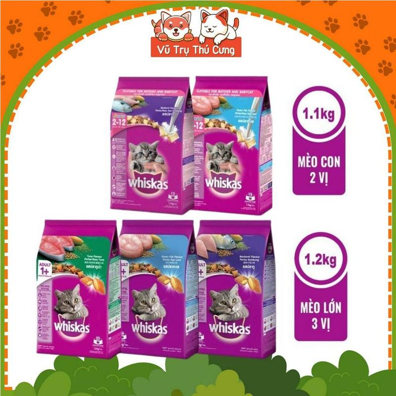 Thức ăn hạt Whiskas cho Mèo Con và Mèo Trưởng thành 1.1kg/1.2kg - 3 vị Cá thu, cá ngừ, cá biển & sữa
