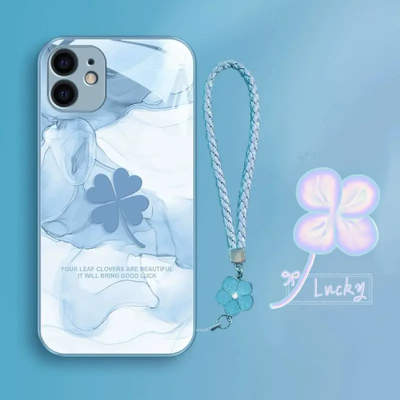 Ốp Điện Thoại Cỏ Bốn Lá, Thiết Kế May Mắn, Tương Thích Với iPhone 14 Pro Max / 14 Plus / 13 Pro Max / 12Pro Max / 11 Pro Max / XS Max / XR, Ốp Điện Thoại Xu Hướng Chống Sốc, Chất Liệu Kính, Keo Mềm TPU 6