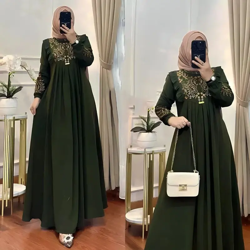 Vigansya Design Lunara Maxi Dress Bahan Cringkle Airlfow Aplikasi Bordir Mewah Elegant Kekinian 1