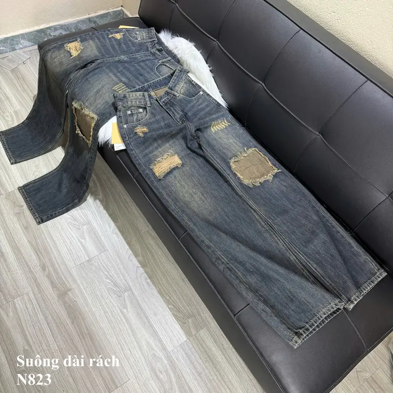 [N823-NaNa Denim Fashion] Quần Jean suông phối rách màu bụi dơ chất vải QCCC dài 103cm 1