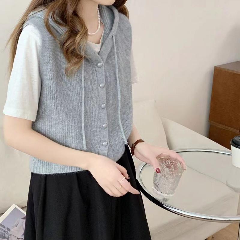 Áo Ghi Lê Cardigan Không Tay Có Mũ Trùm Đầu, Thiết Kế Ngắn, Hàng Mới Về, Áo Ghi Lê Dệt Kim, Áo Vest Dáng Rộng, Áo Khoác Len, Quần Áo Nữ, Năm 2024 7