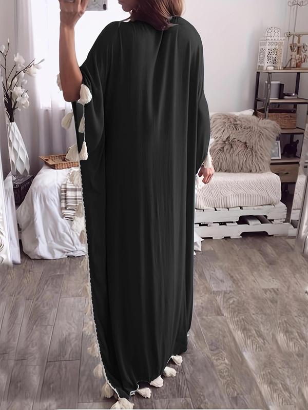 Women's Patchwork Fringe Trim Batwing Sleeve Arabian Robe Dress, Elegant V Neck Half Sleeve Long Dress for Daily Wear, Ladies Islamic Clothing for All Seasons 5