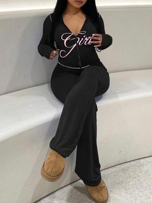 Women's Letter Print Zip Up Cropped Long Sleeve Jacket & Elastic Waist Flare Leg Pants Two-piece Set, Casual Fashion Cozy Two Piece Outfits for Daily Outdoor Wear, Women Clothes for Fall & Winter 8