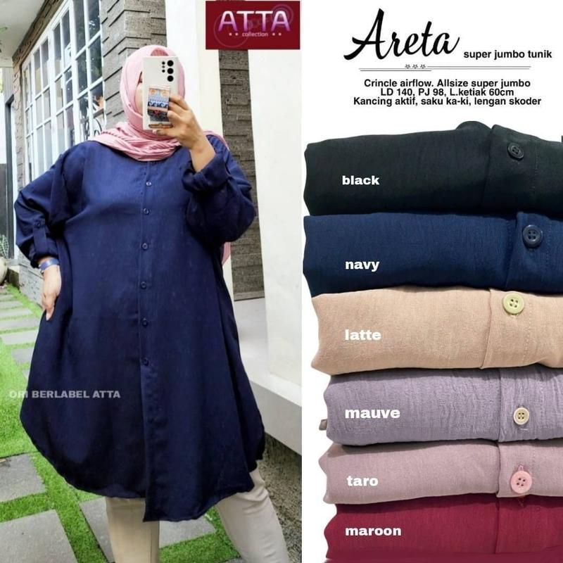 Atasan Wanita Kemeja  Polos Areta Tunik Jumbo LD140 Bahan Crincle Airflow Full Kancing Oversize Muslim 6