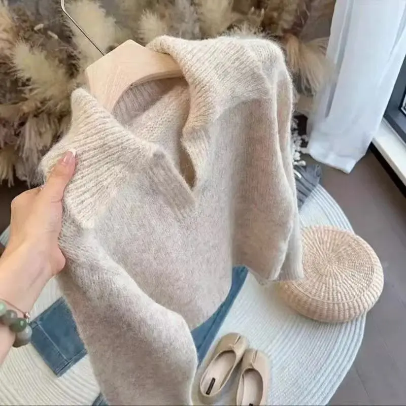 Áo Len Dệt Kim, Phong Cách Pháp, Nhẹ Nhàng Và Cao Cấp, Dáng Rộng Vừa Vặn, Hàng Mới Về, Áo Len Cổ bẻ xuống Lười Biếng, Áo Len Thường Ngày Cho Nữ, Thích Hợp Cho Mùa Thu Và Mùa Đông, 2025 Top Women