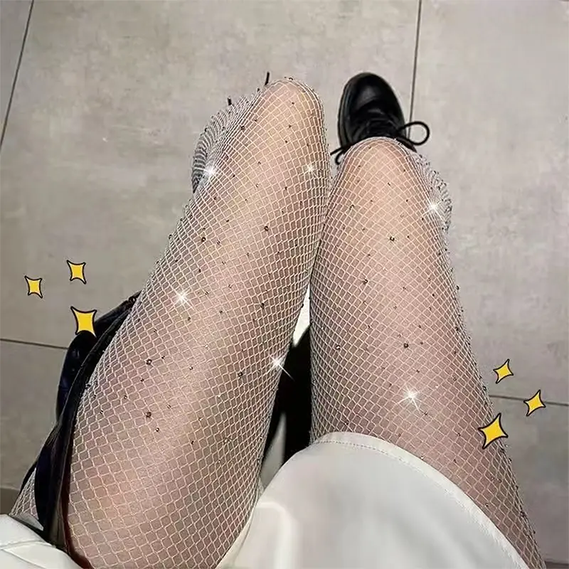 Women Sheer Fishnet Tights Glitter Rhinestone Stockings High Waist Pantyhose Carnival Tights