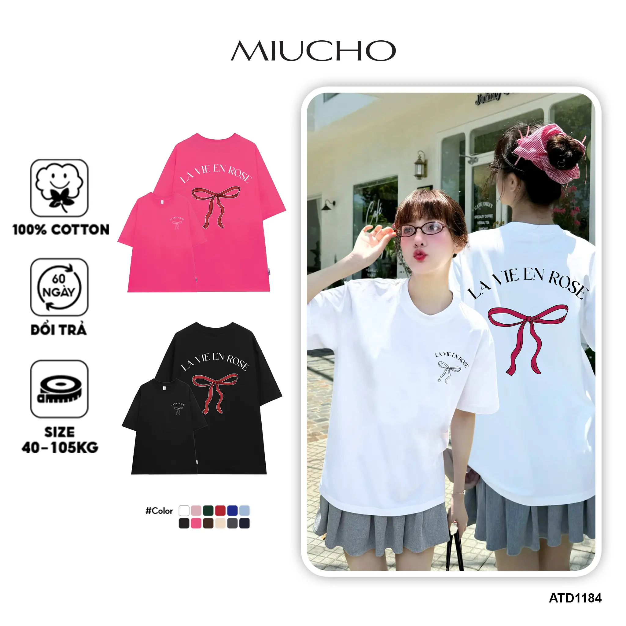 Áo phông hình nơ xinh local brand unisex ATD1184 Miucho tay ngắn vải cotton thoáng mát cổ tròn in mix