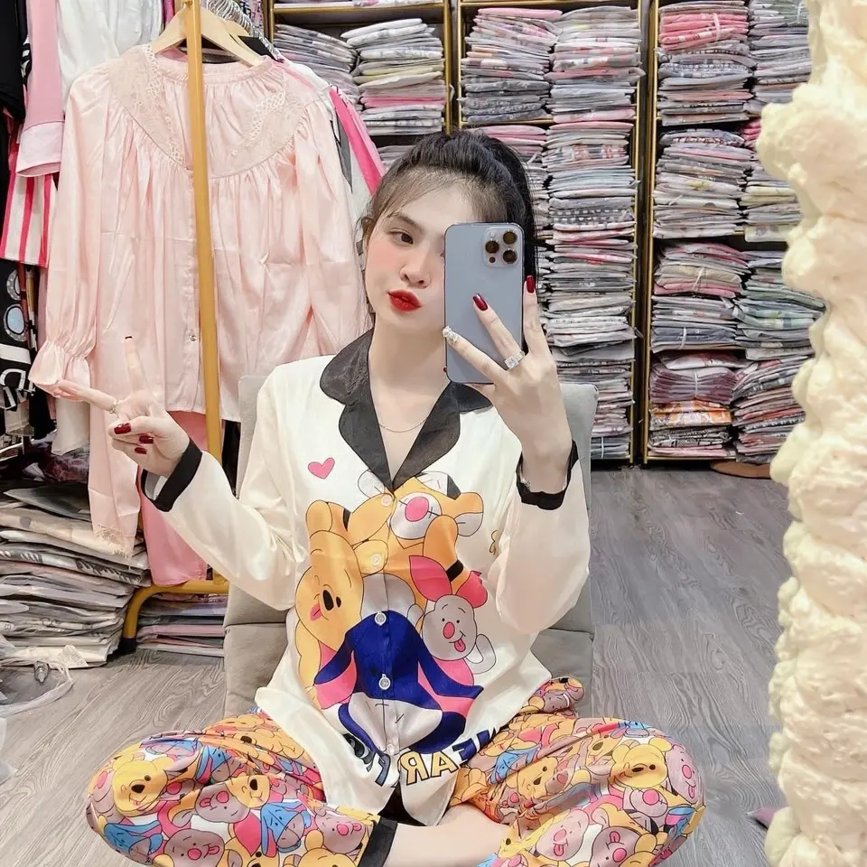 (40-58kg ) bộ đồ ngủ pijama LỤA latin mịn Kem hồng mềm mịn mát Nữ