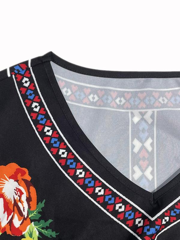 Women's Floral Ethnic Pattern Fringe Trim V Neck A Line Dress, Boho Fashion Short Sleeve Short Dress for Daily Holiday Vacation Wear, Ladies Dress for Summer 6