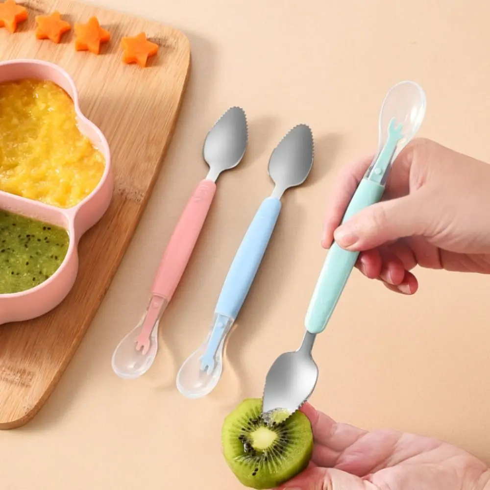 New Double Head Baby Cutlery Feeding Spoon Stainless Steel Multifunctional Complementary Food Spoon Silicone Food Scraper Tableware