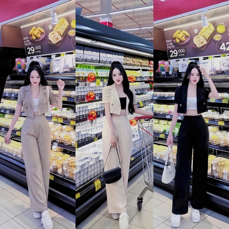 Set bộ nữ 3 nóm mango áo vét croptop kèm áo lót kèm quần dài ống rộng xinh xắn siêu cưng dành cho nàng diện đi chơi. Women Màu Đen Nhung Kem Voi