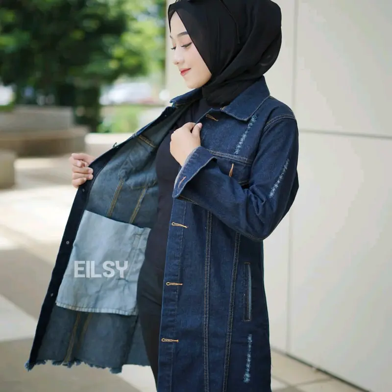 Blazer Panjang Jeans Wanita Oversize Hitam - Outer, Linen, Atasan, Denim, Casual, Cewek 2