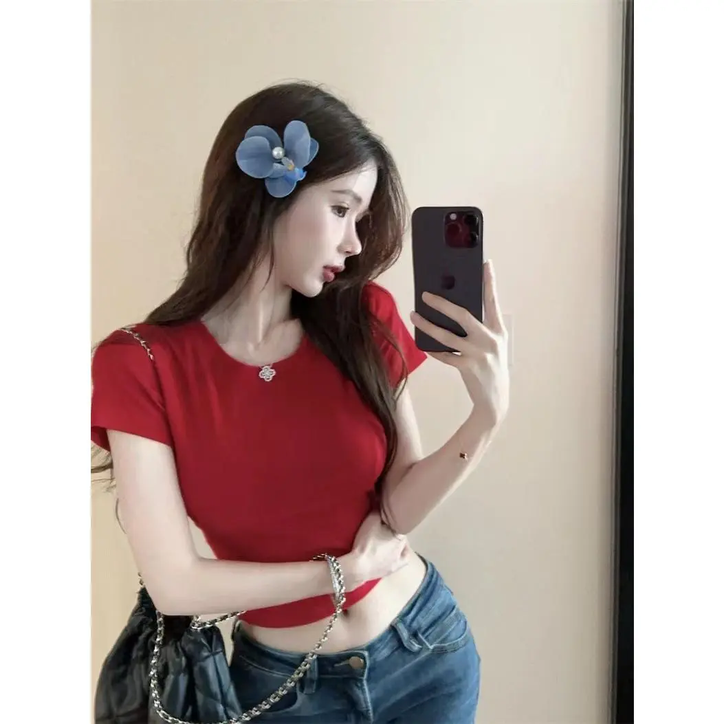 summer Red hollowed out backless bow short sleeved T-shirt for women，Korean style fashion versatile slim fit short style stunning midriff-baring top