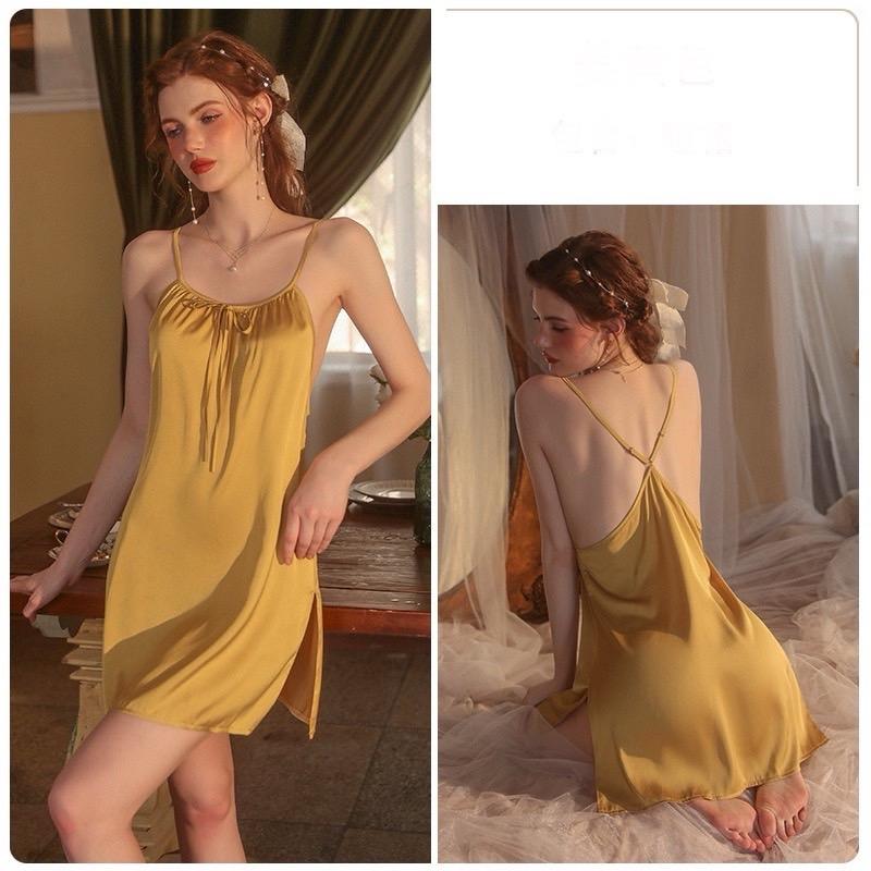 (Nhiều màu) Váy ngủ Lụa siêu mềm dáng suông xẻ 2 bên hông hách chân thon dài_V111 1