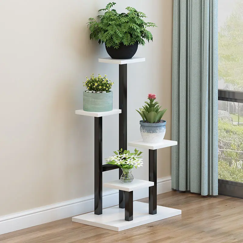 Balcony Iron Flower Rack Living Room Decoration Jardiniere Green Radish Floor Flower Stand Indoor Multi-Layer Steel and Wood Storage Rack Organiser Wooden