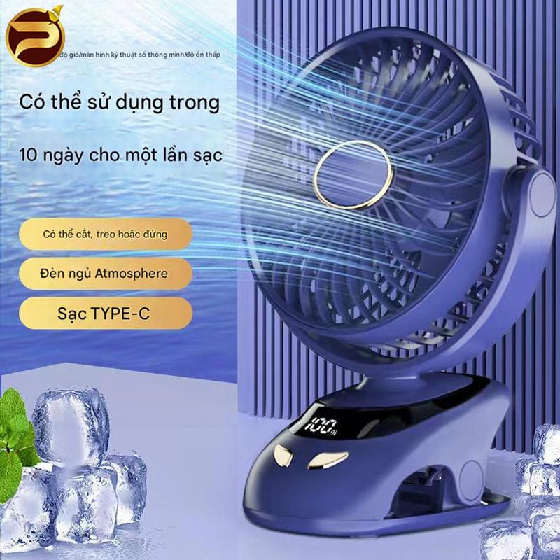  Quạt Tích Điện Quạt Kẹp Mini Để Bàn Tích Hợp Đèn Ngủ Cao Cấp Sạc Type C Có Đèn Led 3.5 - 12h Xoay 360 Độ 3000mAh 