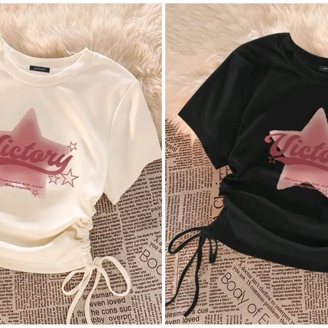 Croptop ngôi sao Victory rút dây bên hông có 2 màu đen trắng
