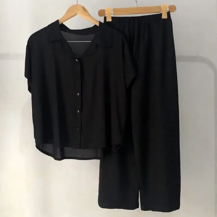 VIBELLE SHOP STELAN PIYAMA CP SET KEMEJA POLOS WANITA HARGA PROMO BAJU - Hitam