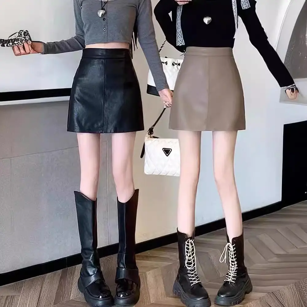 Chân Váy Da, Dành Cho Nữ, Mùa Thu Và Mùa Đông, Màu Đen, Làm Bằng Da Pu, Cỡ Nhỏ Chân Váy Chữ A Cạp Cao, Chân Váy Bodycon, Thời Trang Women Kem