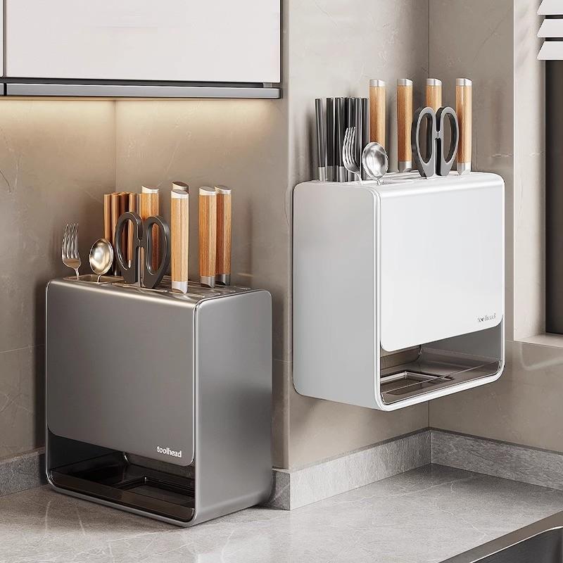 【SG Local Seller】Knife Holder Organizer Stainless Steel Rack This multifunctional kitchen storage rack with Utensil (gun gray) 1