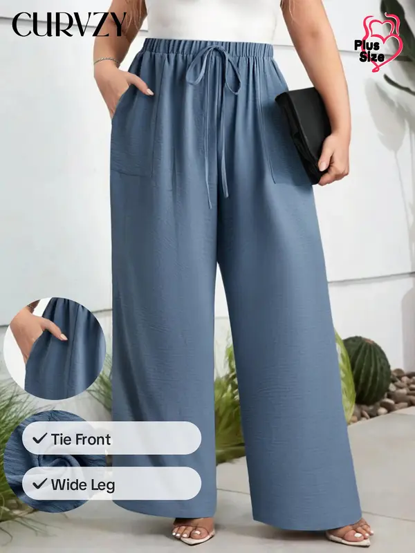 CURVZY Plus Size Autumn Aesthetic Women's Tie Front Wide Leg Pants, Casual Textured Pocket Trousers for Outdoor Wear, Women's Stretchy Bottoms for Summer 0