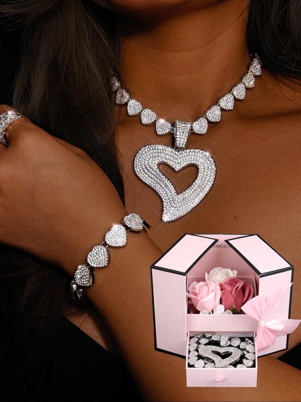 Luxury Rhinestone Decorated Heart Design Necklace & Bracelet (2pcs/set), Gorgeous Fashion Jewelry Set for Women & Girls, Elegant All-match Fashion Accessories for Daily Wear, Mother's Day Gift 5