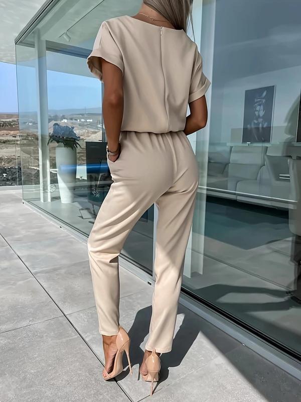 Women's Solid Belted Jumpsuit, Elegant Batwing Sleeve Pocket Jumpsuit for Summer, Fashion Women's Clothes for Daily Wear 1