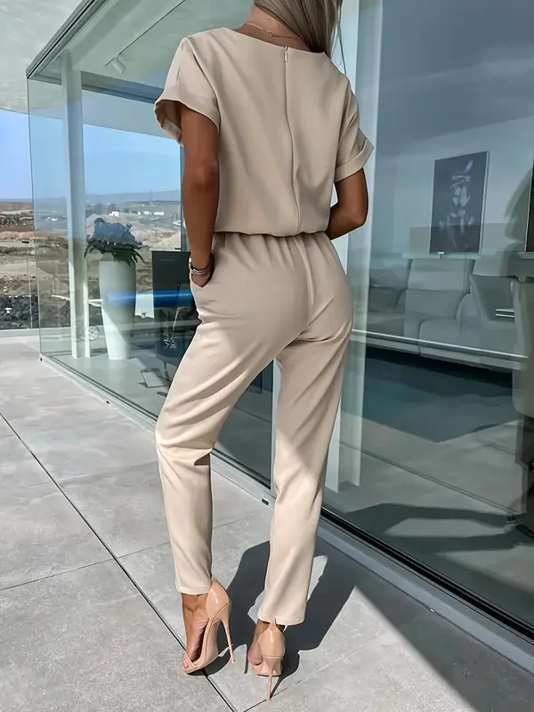 Women's Solid Belted Jumpsuit, Elegant Batwing Sleeve Pocket Jumpsuit for Summer, Fashion Women's Clothes for Daily Wear 1