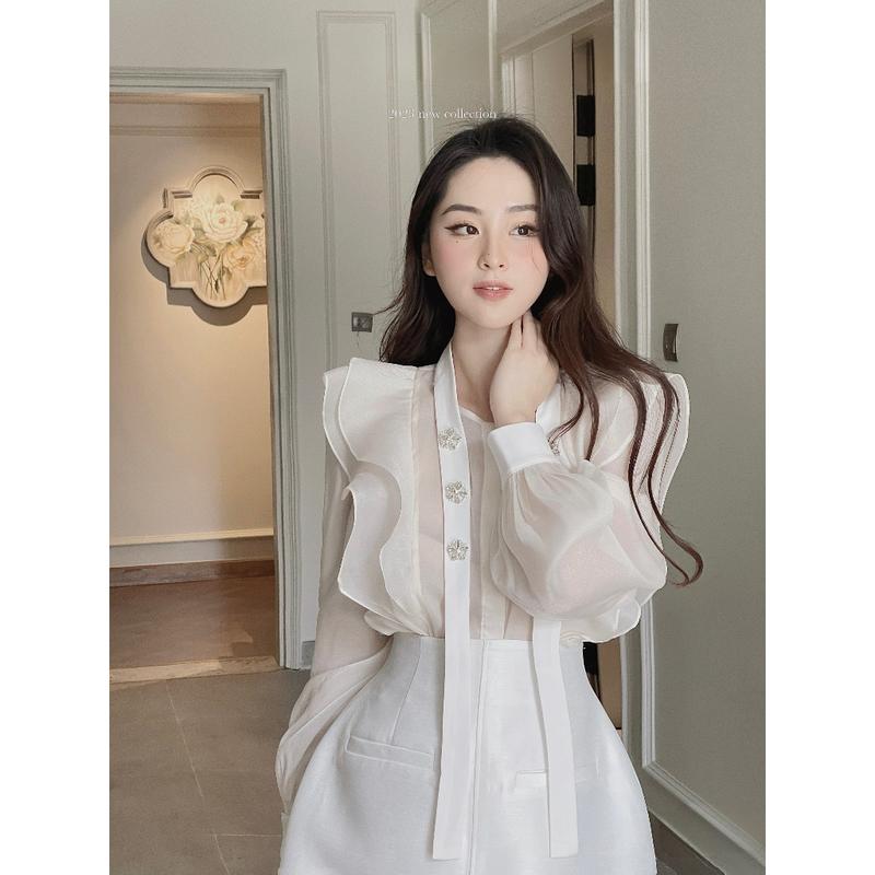 (Có BigSize) Set Áo Tay Dài Bèo Cổ Dây Kết Đá Và Chân Váy Chữ A 2 Túi Mổ A2CV013 4