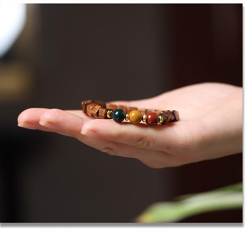 Product Introduction of New Chinese style, black rosewood, sandalwood, sugar cube beads, block beads, bracelet, three-color beads, traffic light pattern, ethnic style, wristband 8