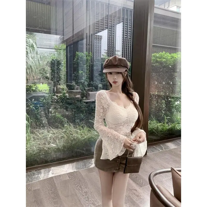 Áo Sơ Mi Ren Cổ Chữ V, Ngầu Và Gợi Cảm, Dành Cho Nữ, Tay Áo Loe, Áo Cánh Tay Áo Ống Loe Mùa Thu, Ôm Sát Eo, Áo Trắng, Bán Chạy Năm 2024