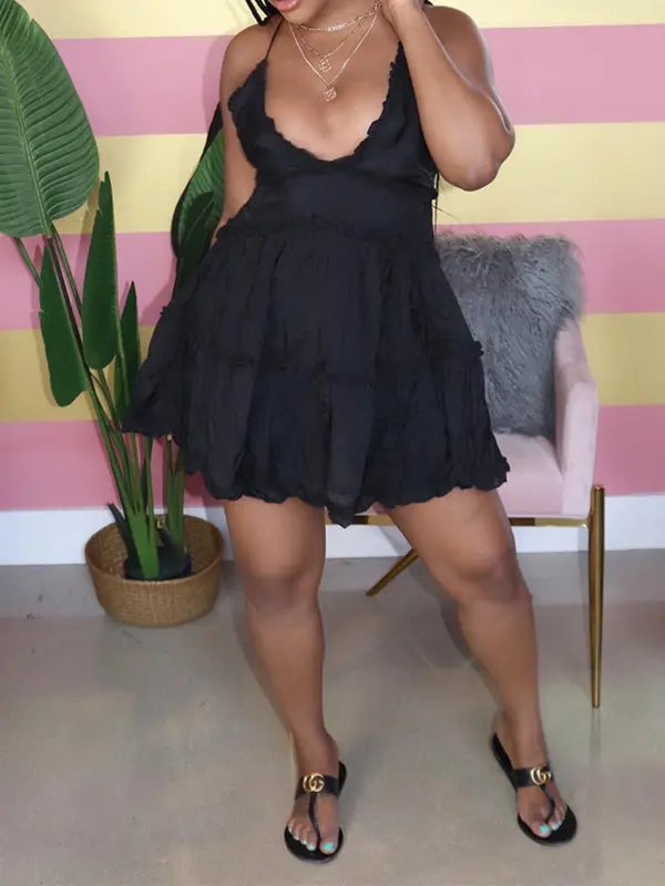 Women's Plain Criss Cross Frill Cami Dress, Adjustable Strap Deep V Neck Short Dress for Summer, Fashion Women's Dress for Beach Holiday, Womenswear, Ruched Ruffled Hem Dress 1