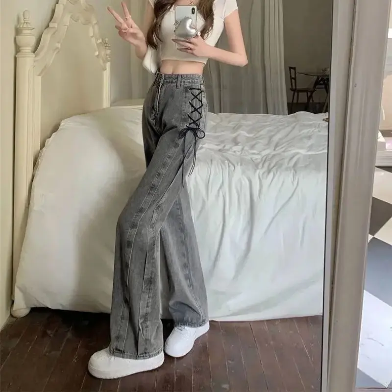 Pants Women's Mopping Smoky Gray Jeans Autumn Korean Style 2023 New Design Sense Lace-up Wide-Leg Pants Ins Womenswear Bottom bootcut jeans Lingerie Trouser