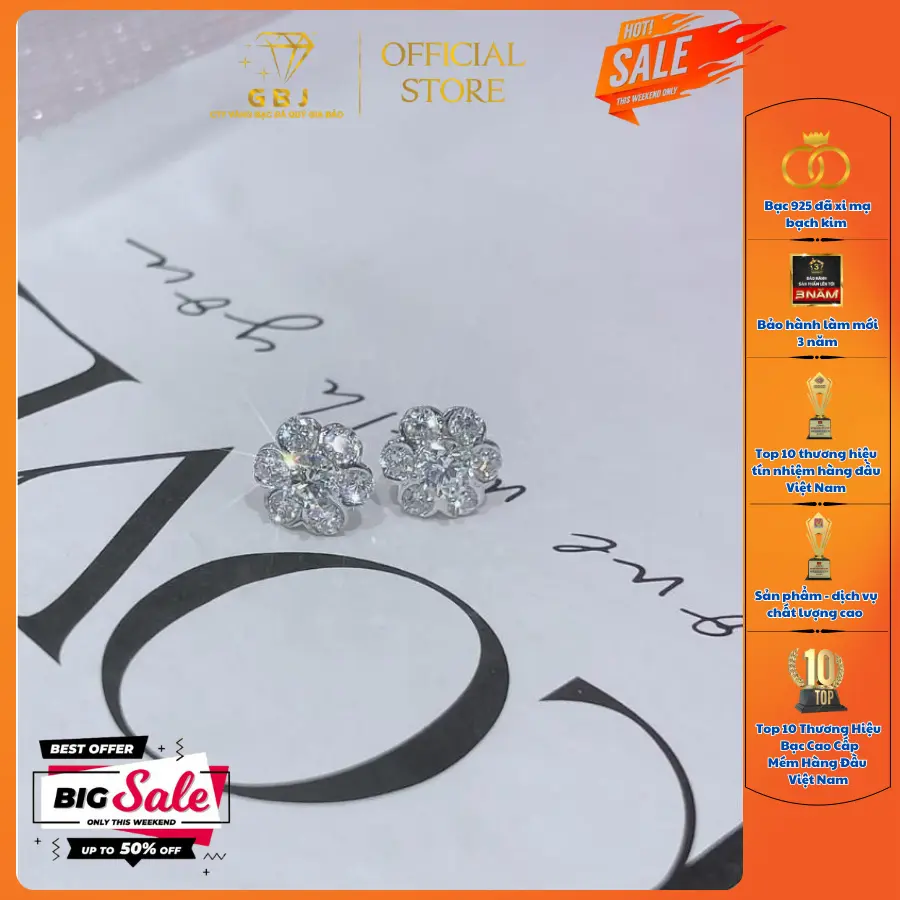 Hoa Tai Bạc Hoa 6 Cánh (chốt vặn) XI KIM Viên Chủ Moissanite 4Li Tinh Xảo Dành Cho Nữ GBJ714
