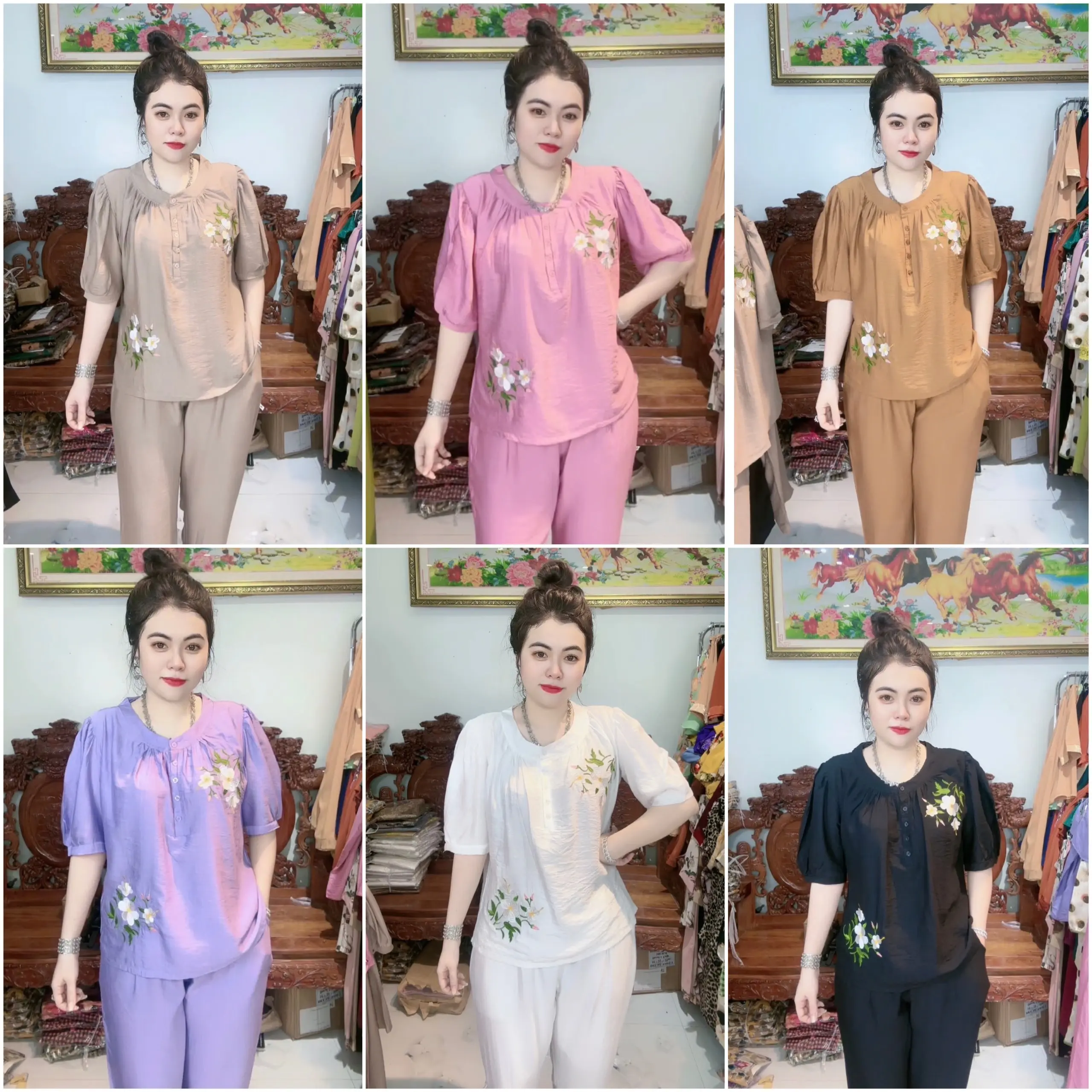 set THIẾT KẾ CỔ TRÒN THÊU HOA , tay ngắn quần dài, bộ gồm áo và quần, thiết kế sang trọng cho chị em phụ nữ.