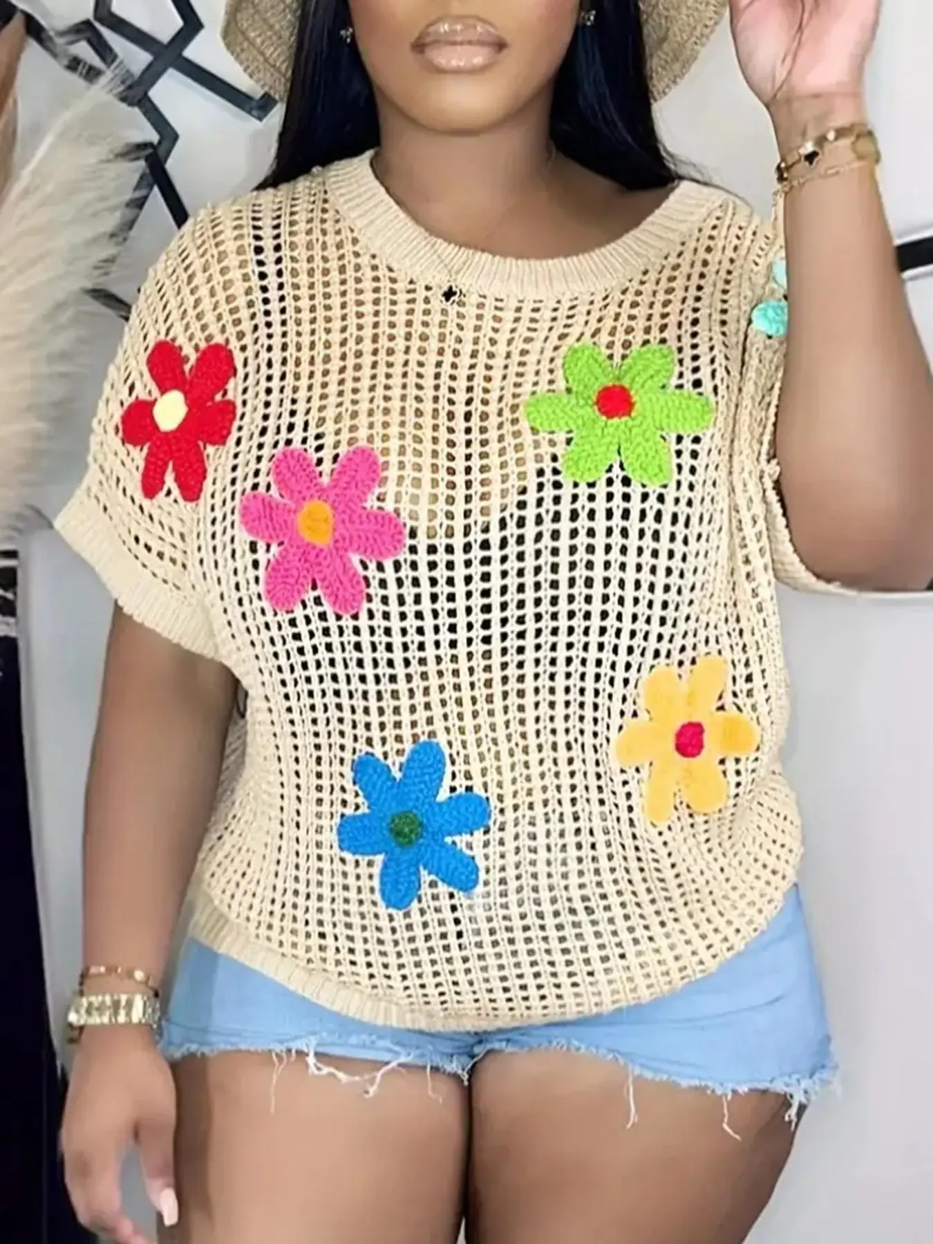 Women's Floral Design Crew Neck Hollow Out Crochet Sweater, Casual Short Sleeve Jumper for Summer, Fashion Women's Knitwear for Daily Wear
