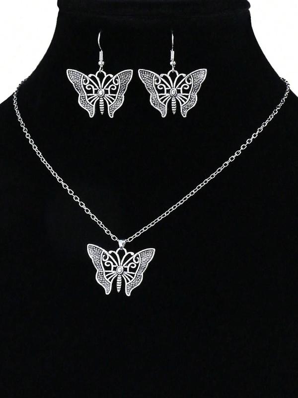 Women's Boho Style Butterfly Themed Design Jewelry Set, 3pcs/set Vintage Hollow out Butterfly Design Necklace & Earrings, Fashion Accessories for Party, Daily Clothing Decor for Girl 4