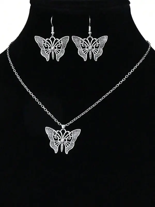 Women's Boho Style Butterfly Themed Design Jewelry Set, 3pcs/set Vintage Hollow out Butterfly Design Necklace & Earrings, Fashion Accessories for Party, Daily Clothing Decor for Girl 4