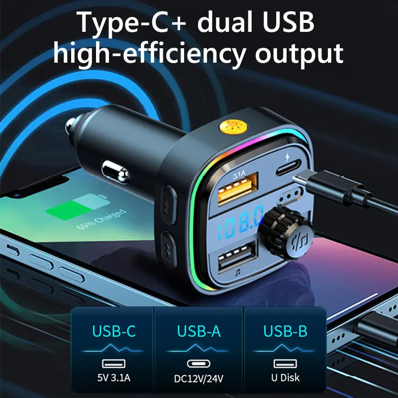 Bluetooth sạc nhanh USB kép cho ô tô, máy phát FM rảnh tay, Bluetooth , máy nghe nhạc MP3, đa chức năng, char ô tô 4