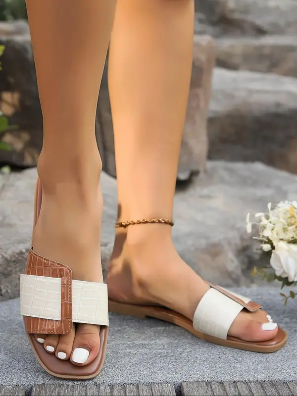 Women's Fashionable Colorblock PU Leather Slides, Casual Comfortable Flat Sandals for Summer, Lightweight Breathable Shoes for Daily Wear, Girl 3