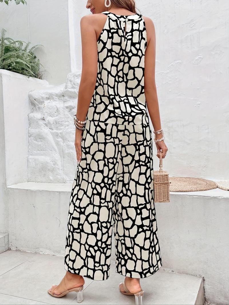 Product Introduction of Women's All Over Print Halter Top & Baggy  Wide Leg Pants Set, Fashion Sleeveless Top & High Waist Trousers, Casual All Seasons Outfits Set for Beach Holiday Vacation 2