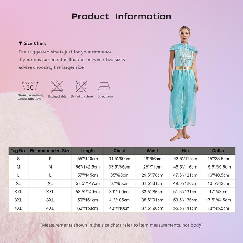 Product Introduction of RUNQHUI Islamic Women's Arabian Princess Costume Fairy Tale Fancy Dress Halloween Cosplay Belly Dance Jumpsuit 0