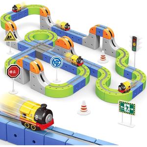 磁石式トラックカーおもちゃ 55 点セット｜柔軟性ラサーカートラック｜電動列車・交通標識付き｜3-8 歳男の子女の子向け｜誕生日パーティーギフト（小型）