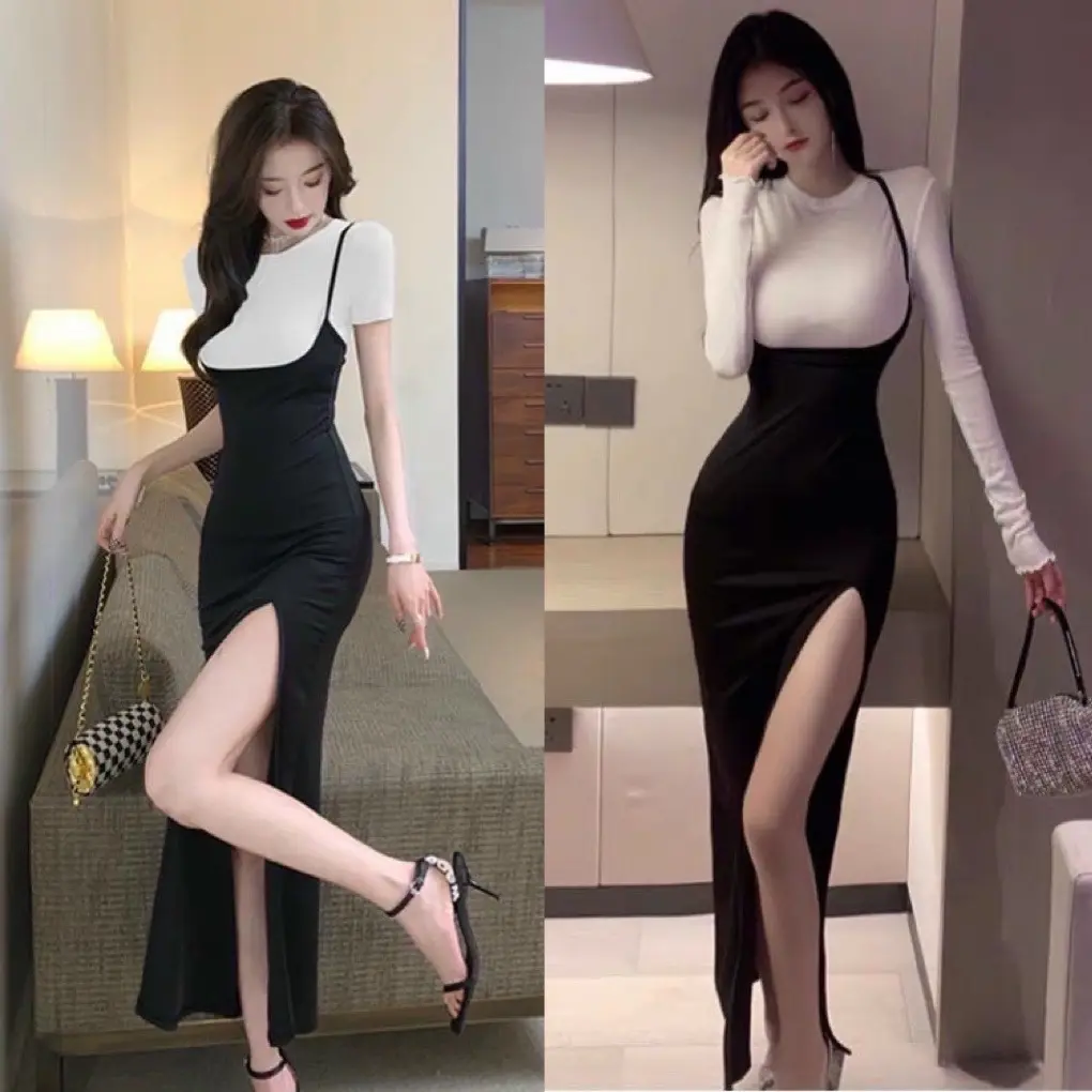 [SB18] Sét bộ nữ 2 món áo thun trơn kèm đầm 2 dài 1m30 dây phối cá tính chất vải thun gân len 4 chiều FreeSize Top Trắng Women