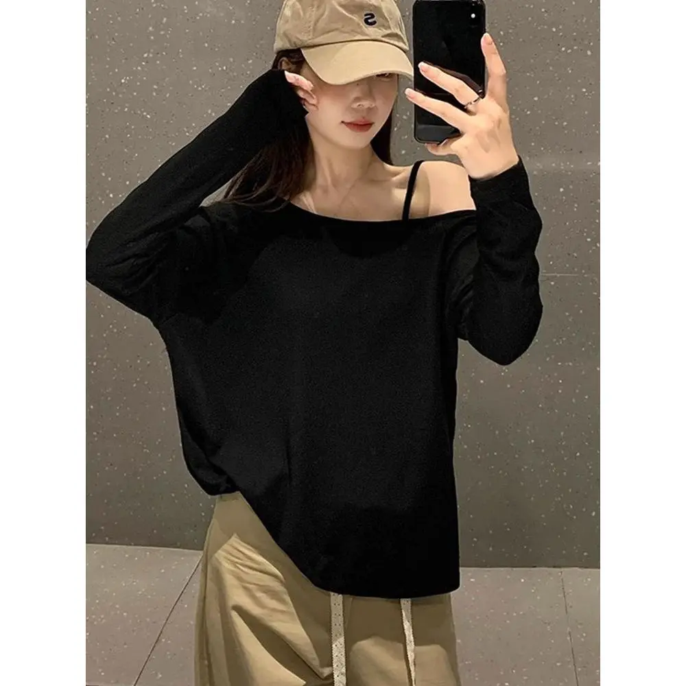 Design Sense One-Shoulder Cold-Shoulder T-shirt Bottoming Shirt for Women Spring and Autumn Loose Slim plus Size Inner Match Loose Feeling Top for Women