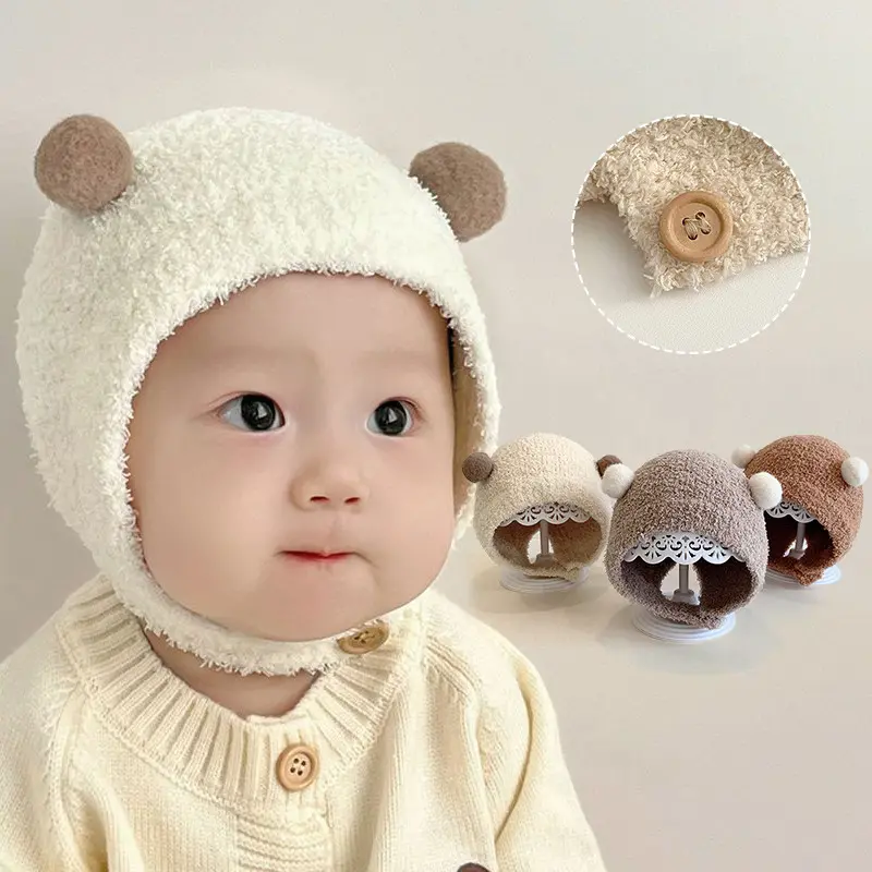 Mũ Len Dệt Kim, Ấm Áp Mùa Đông, Thiết Kế Dễ Thương, Có Bảo Vệ Tai, Có Nút, Thích Hợp Cho Mùa Thu Và Mùa Đông, Mũ Ấm Lông Cừu Nhồi Bông Cho Trẻ Em, Trẻ Em Và Trẻ Sơ Sinh 3