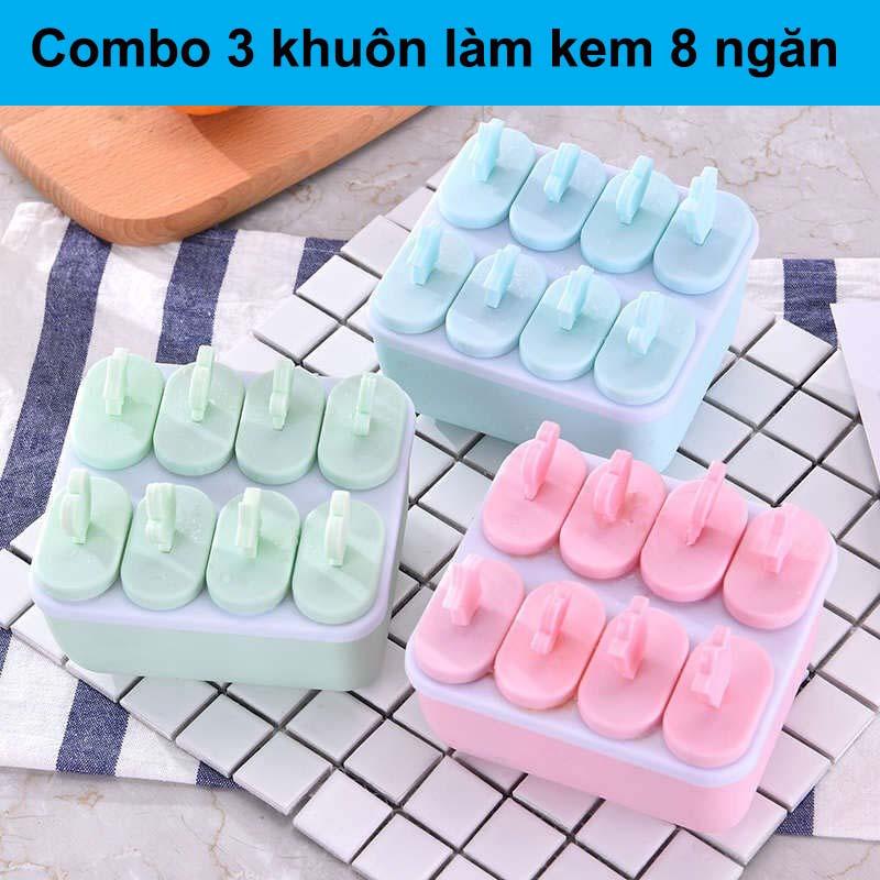 Combo 3 Khuôn Làm Kem 8 Ngăn Có Hộp , Khay Làm Kem Que ,Đổ Thạch ,Pudding Hoa Quả Chất Liệu Nhựa PP An Toàn Dễ Sử Dụng